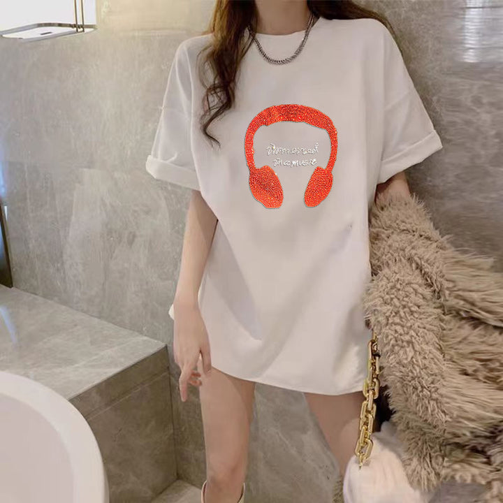 Dame T-shirt med kreativ hovedtelefon-design og funklende skrift Stilla
