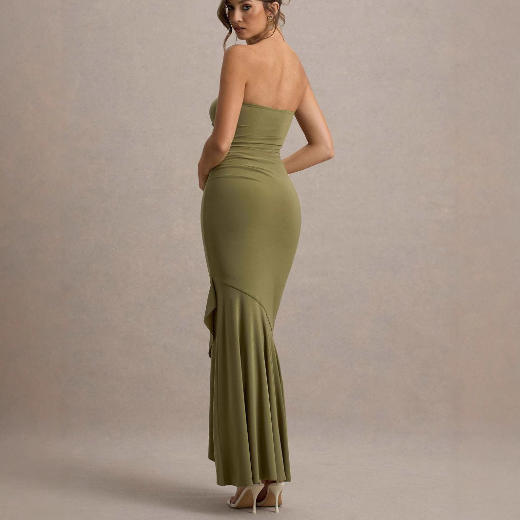 Dame Elegant, figursyet langærmet kjole med asymmetrisk kant og flæse detaljer Stilla