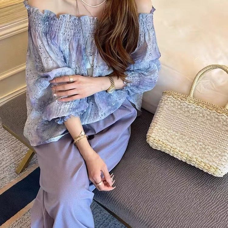 Dame bred bluse med flæseærmer og elegant høj talje bukser Stilla