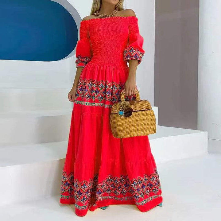 Dame Maxikjole med Off-Shoulder-snit og farverige broderidetaljer Stilla