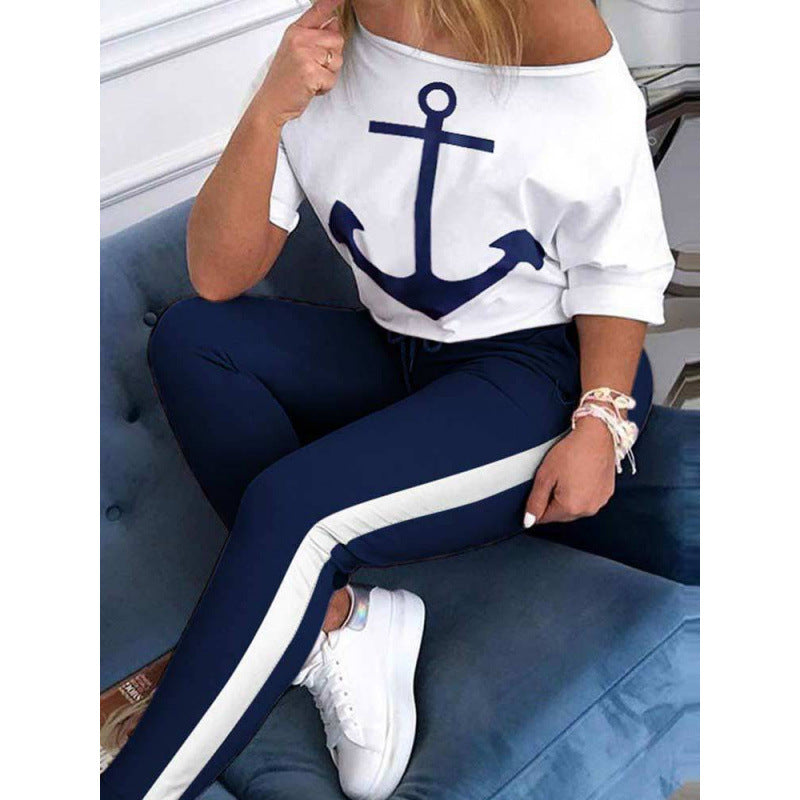 Dame Casual Nautik Grafik T-shirt og Joggingdragt Sæt Stilla