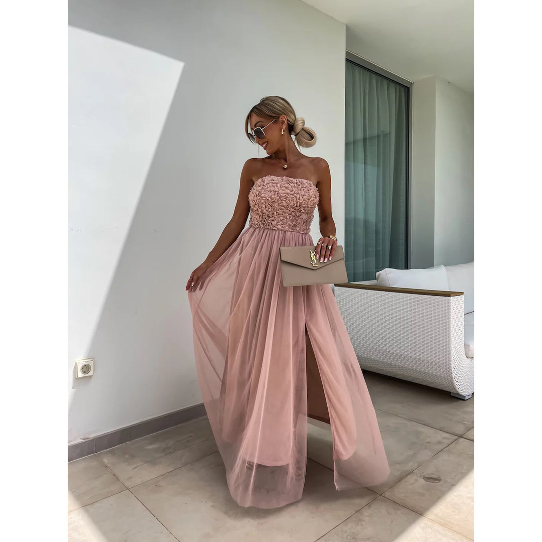 Dame Elegant Maxi Kjole med Blomsterapplikationer og Sidelinje Slids Stiila