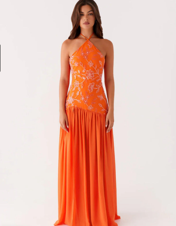 Kvinder Elegant Maxi Kjole med Blomsterprint og Udfoldet Nederdel Skovae