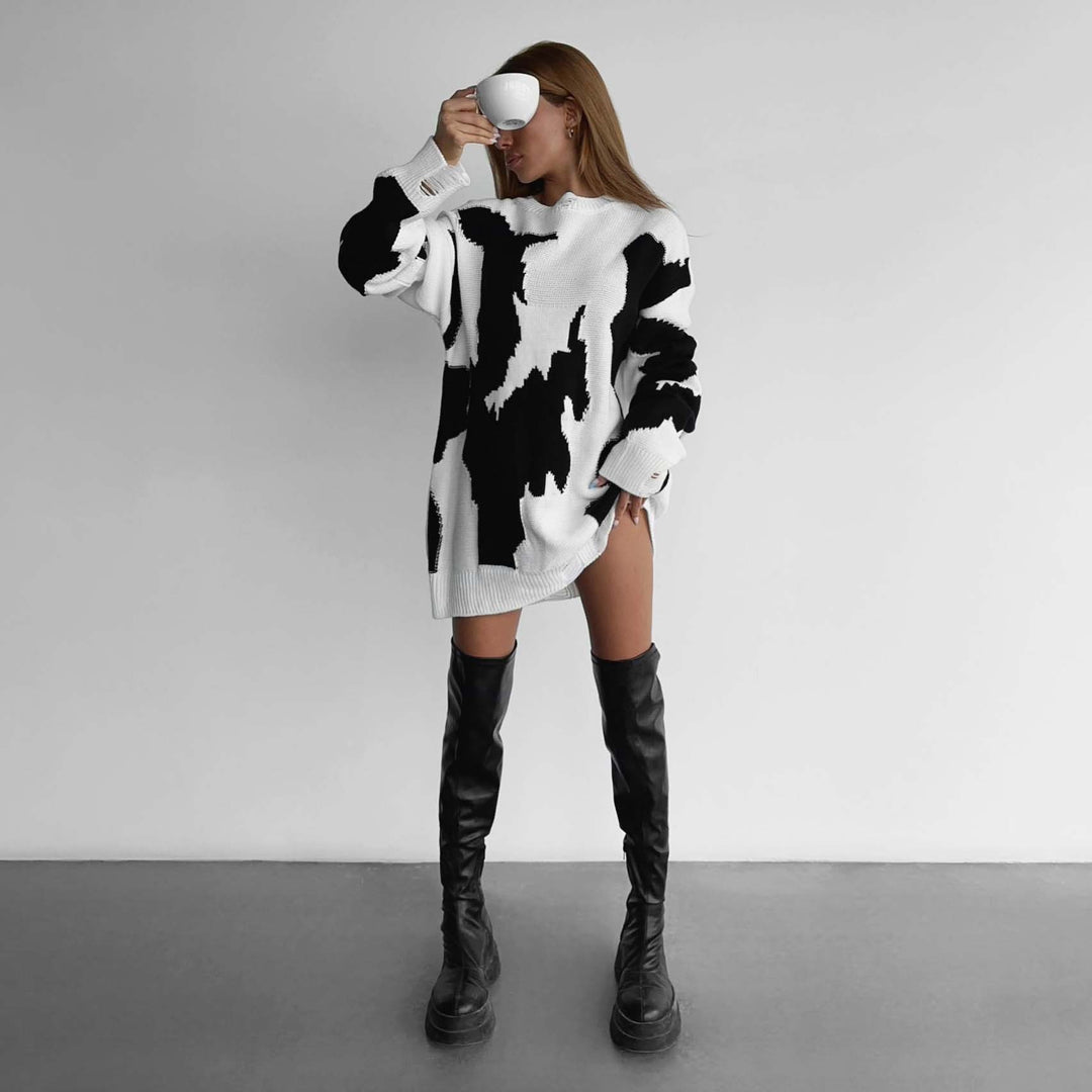 Kvindernes chunky strikkede oversized sweater med spændende grafisk design Stilla