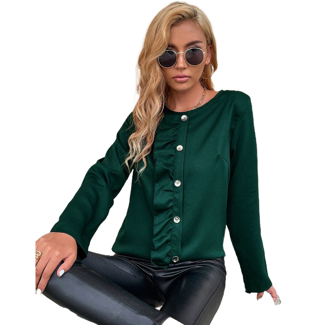 Kvindernes elegante bluse skjorte med ruffles detaljer og knap dekoration Stilla