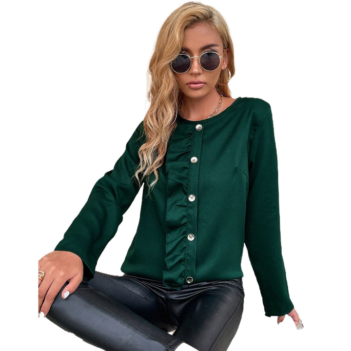 Kvindernes elegante bluse skjorte med ruffles detaljer og knap dekoration Stilla