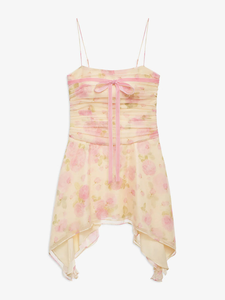 Kvinders blomstret print mini kjole med asymmetrisk kant og elegant samling