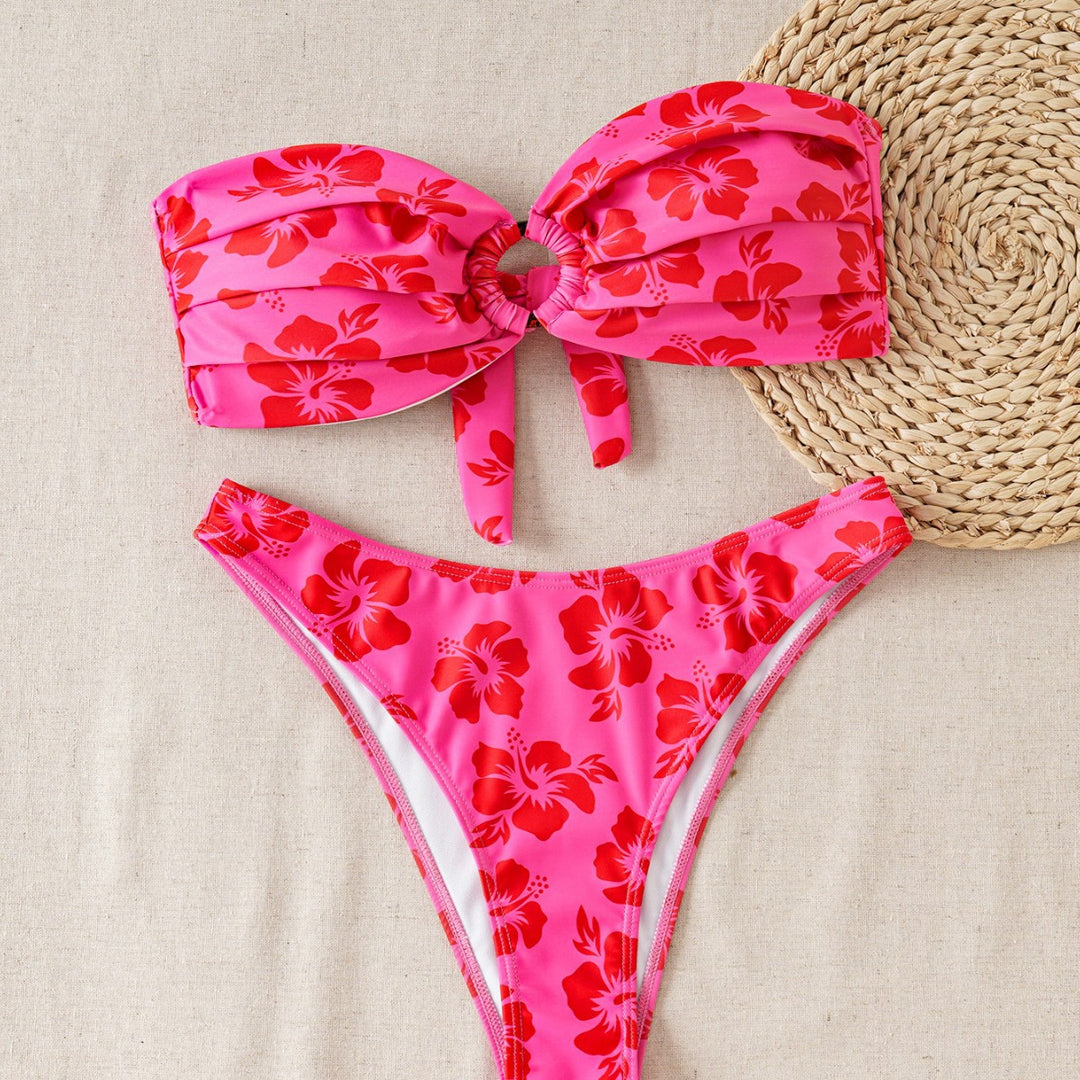 Dame bandeau bikini sæt med dekoreret knude og blomster mønster Skovae