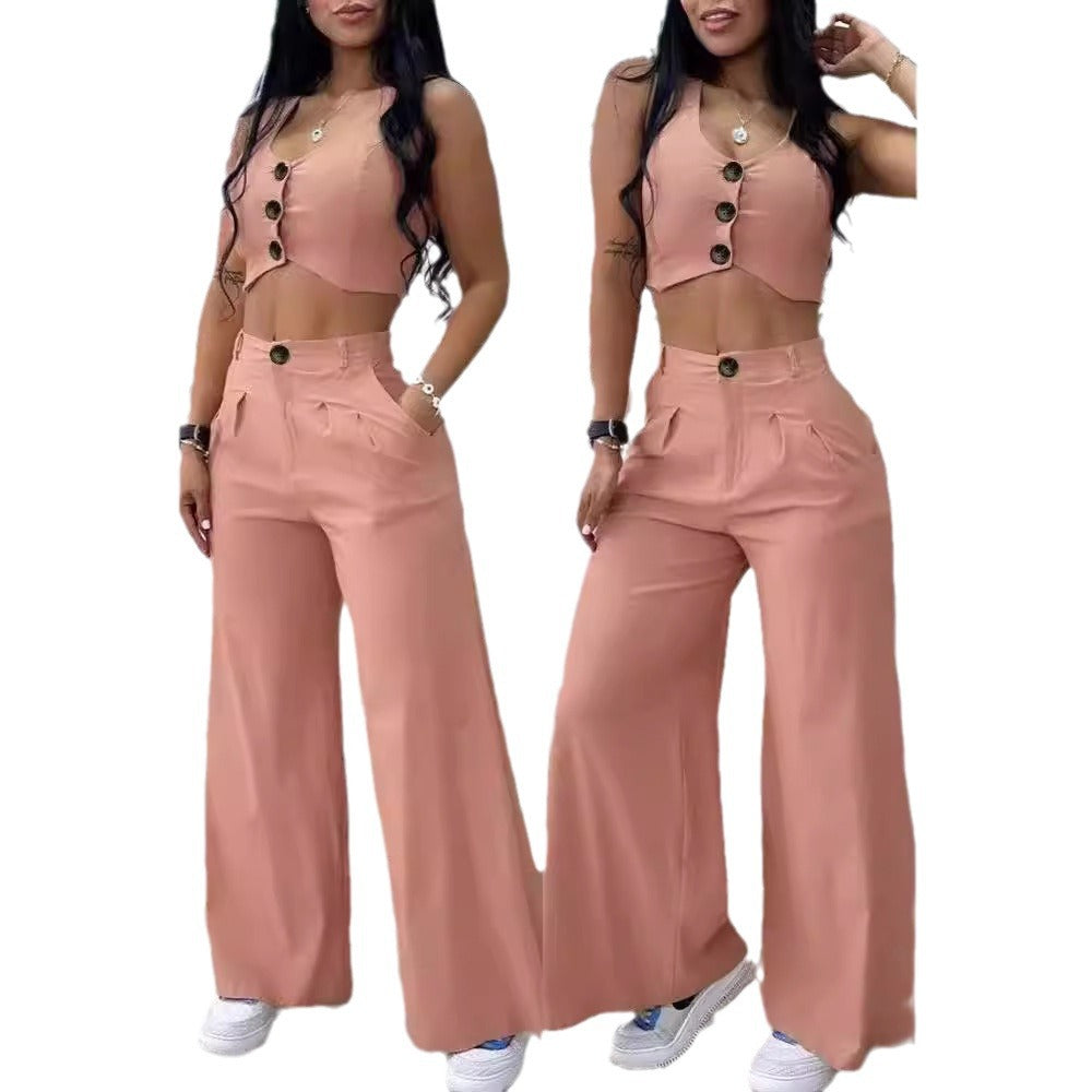 Dame stilfuld Crop-Top og bred buks sæt med knapdetaljer Stilla