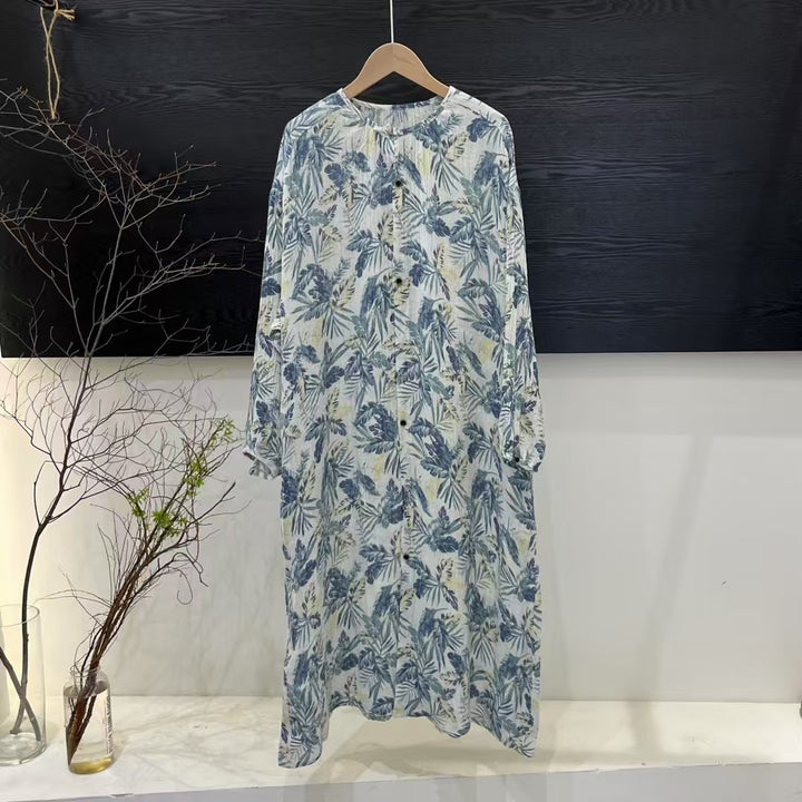 Dame Floral Print Lange Knaplukning Kjole Stilla