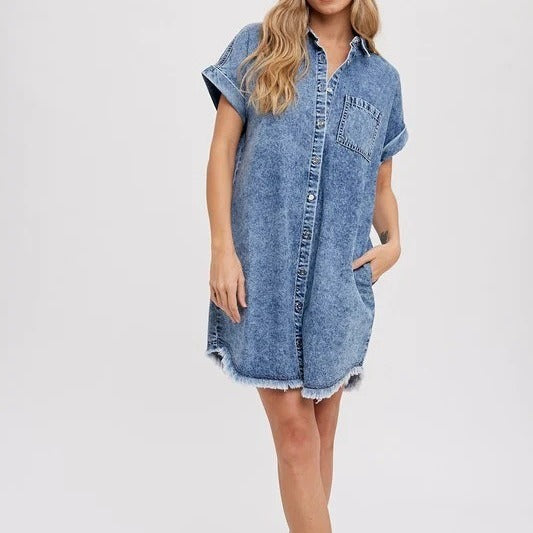 Dame Denim Skjortekjole med afslappet snit og praktiske lommer Stilla