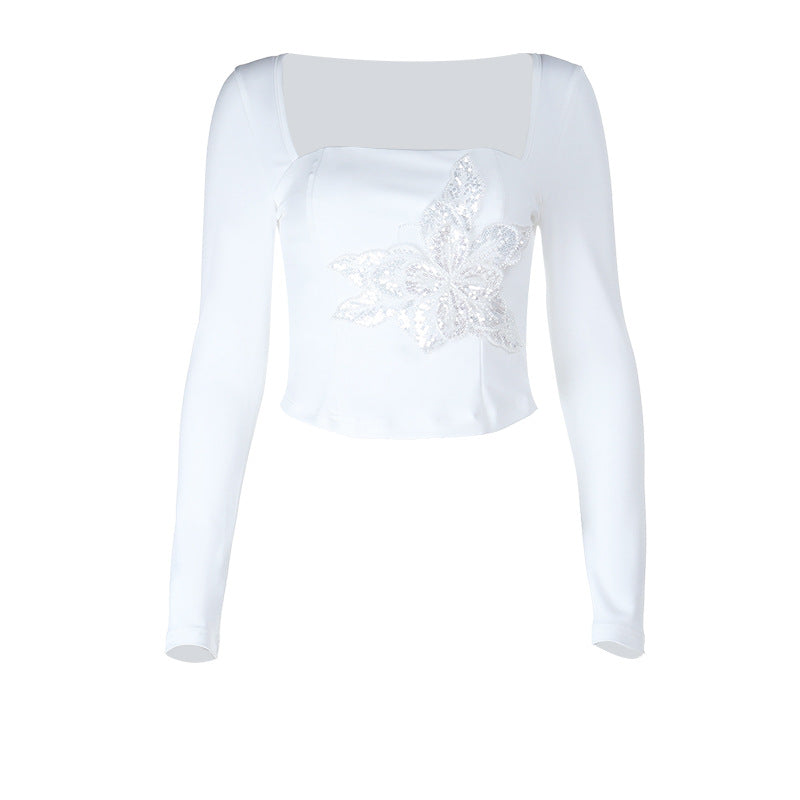 Kvinders elegante langærmet top med blomsterlacemotiver Skovae
