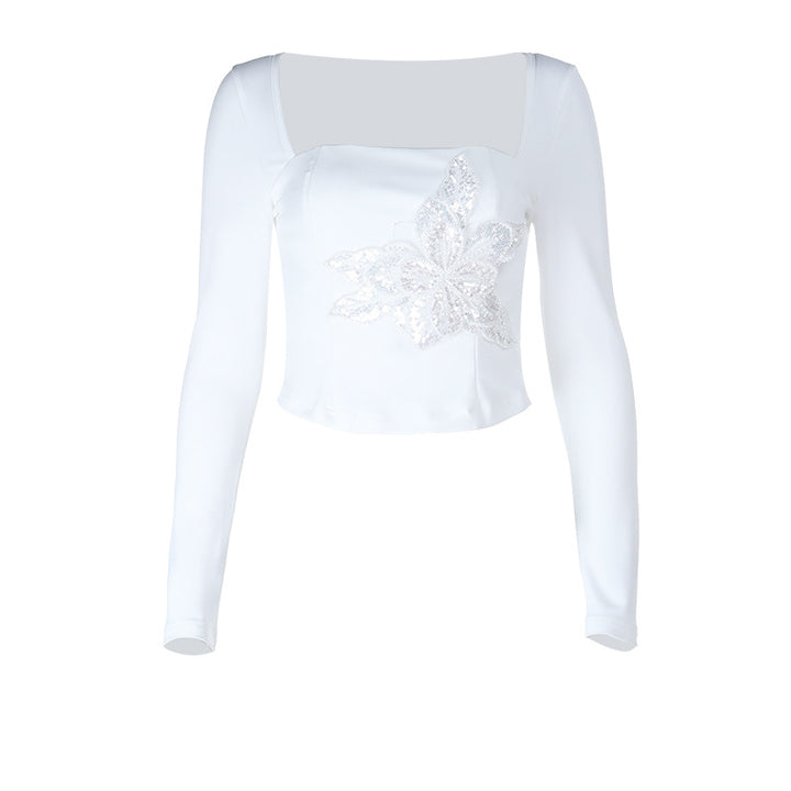 Kvinders elegante langærmet top med blomsterlacemotiver Skovae