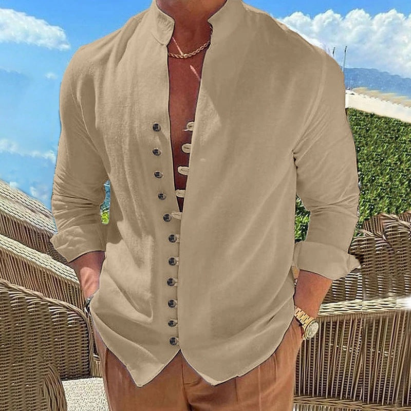Herrer Mode Leinenbluse med Henley-krave og knapdetalje Stilla