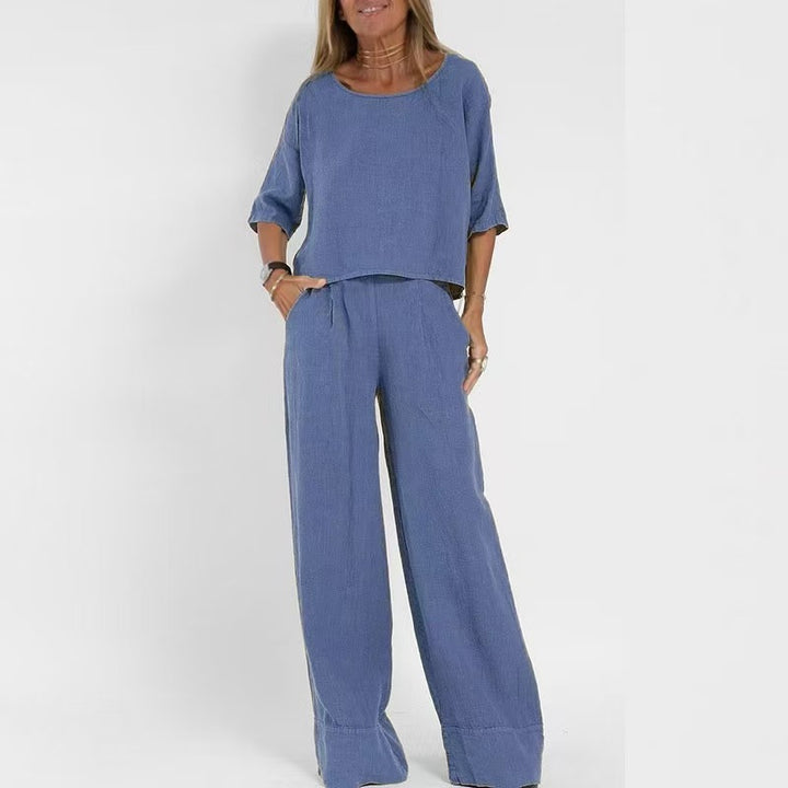 Dame let linned sæt med løstsiddende bukser og cropped top Stilla