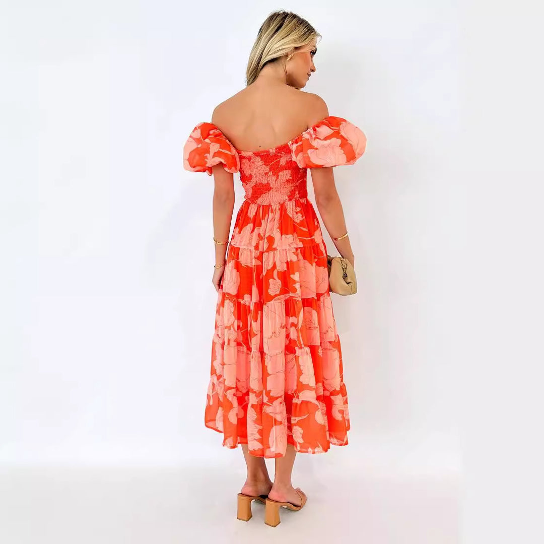 Kvinders Maxi Kjole med Puf Ærmer og Blomsterdesign Stilla