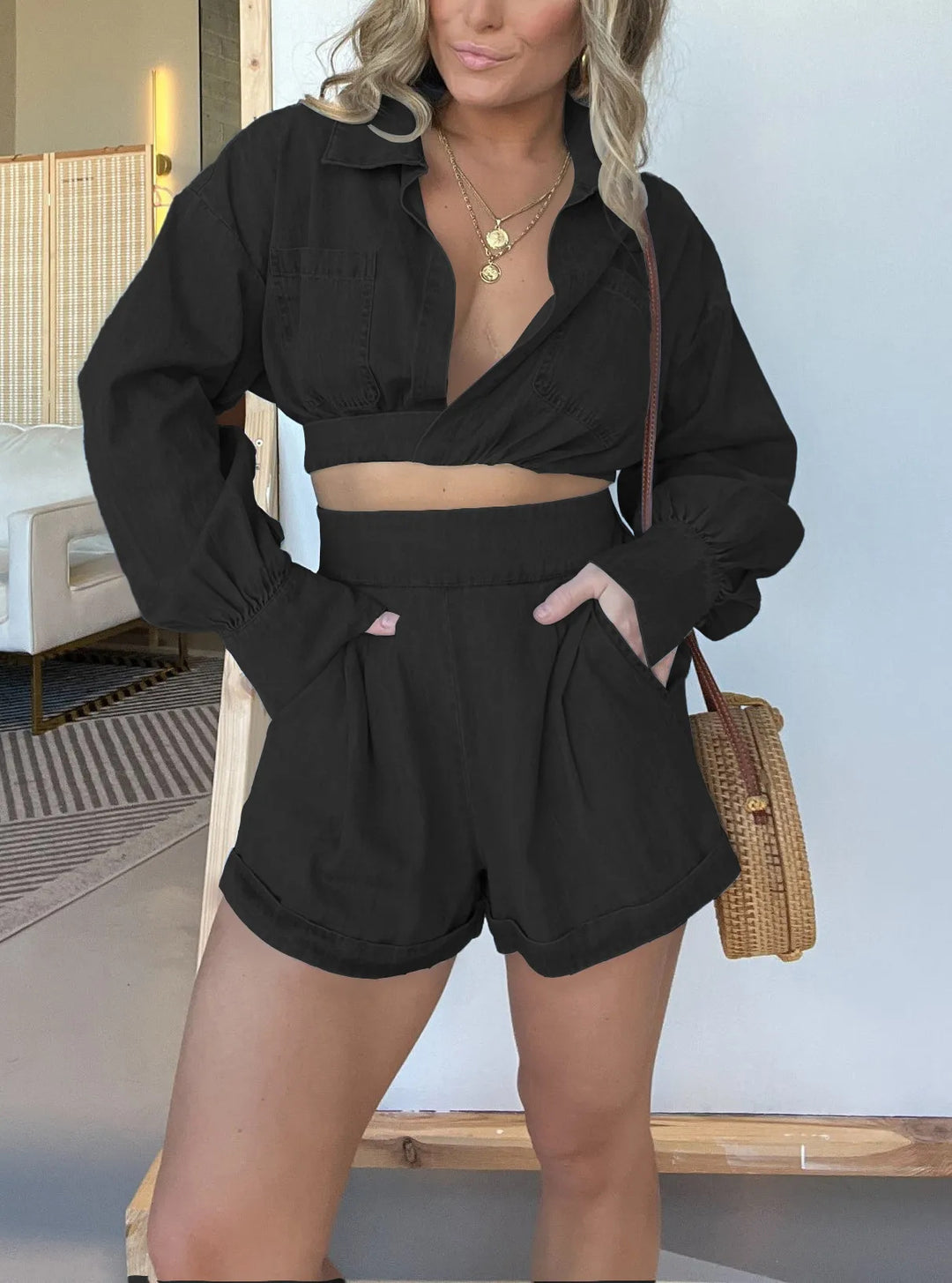 Dame afslappet denim sæt med cropped bluse og løse shorts Stilla