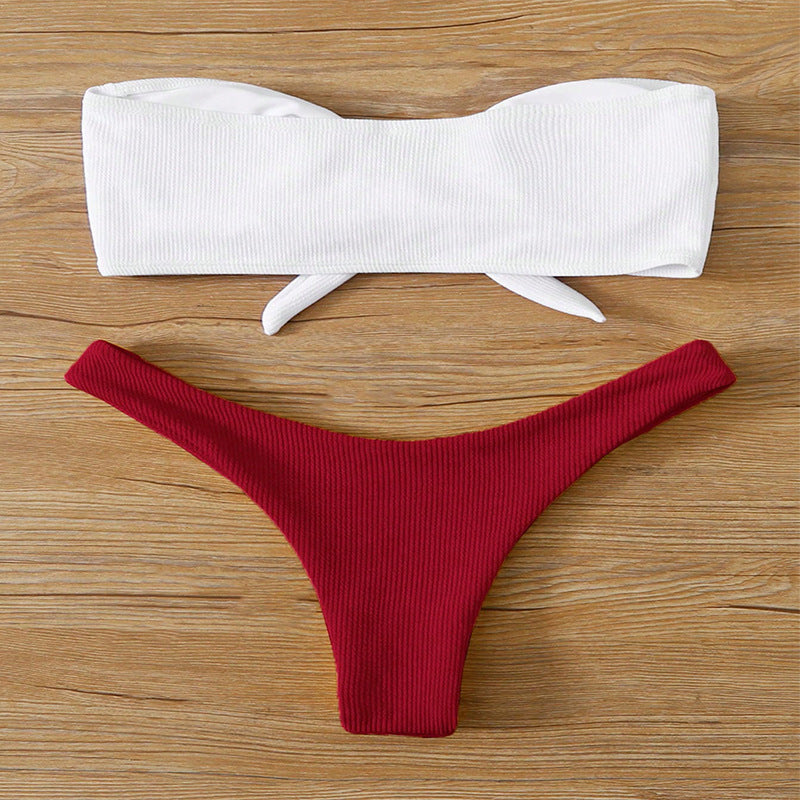 Dame Bandeau-bikini med moderne knude og høj benudskæring Skovae