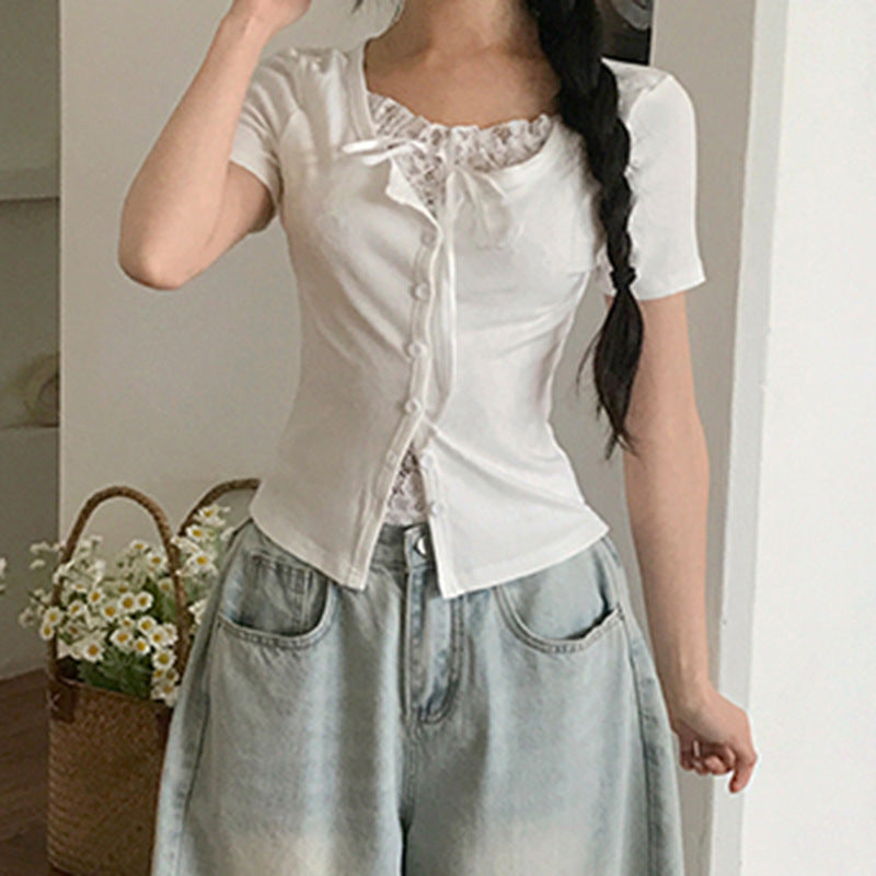 Dame spids-top med off-shoulder design og elegant snøring Skovae