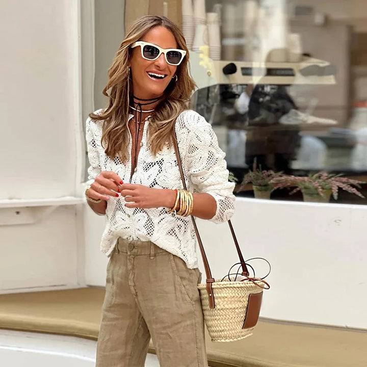 Kvinders fashionable cardigan med luftig hæklelook Stilla