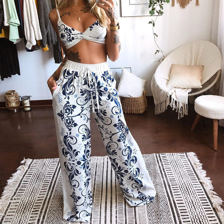 Kvinder Floral Print Crop Top og Vidde Bukser Sæt Stilla