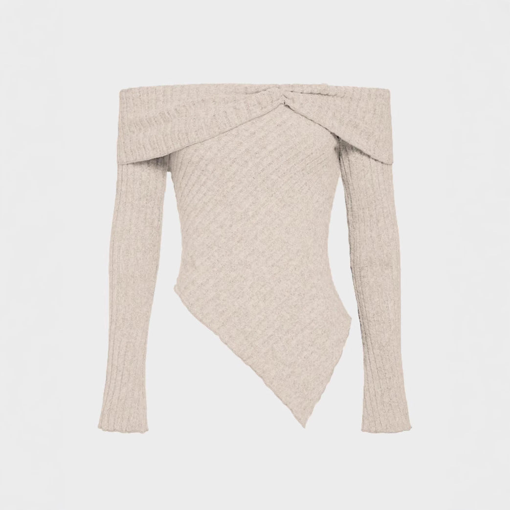 Dame Off-Shoulder Strikoverdel med ribstruktur og dekorativt bånd Stilla