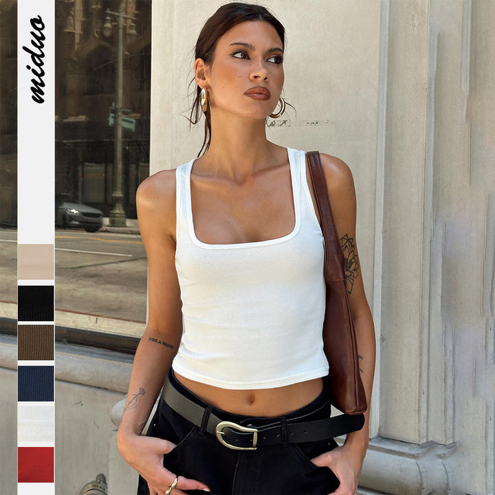 Dame cropped tanktop med firkantet Ausschnitt og fin rib struktur Stilla