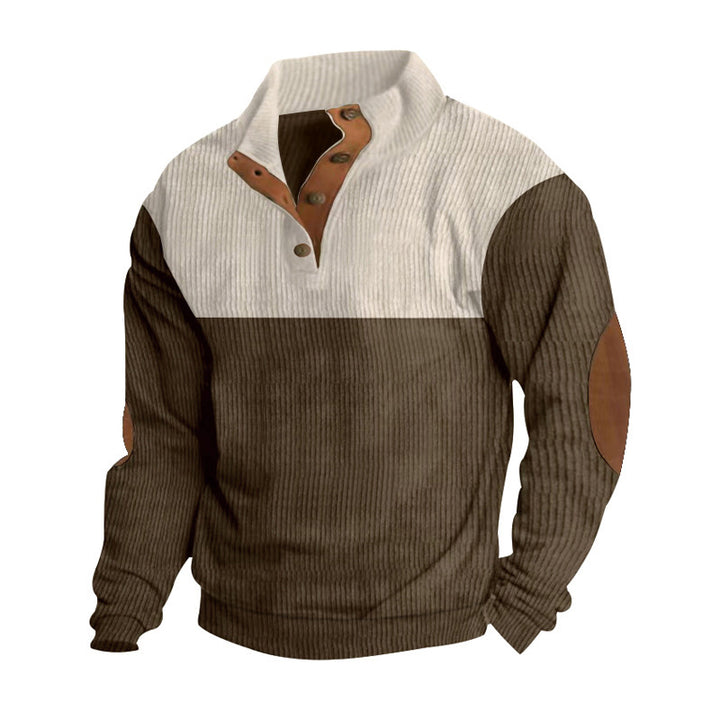 Herrer nan ribstrikket sweater med ståkrave knapliste og læderalbue-patches Skovae