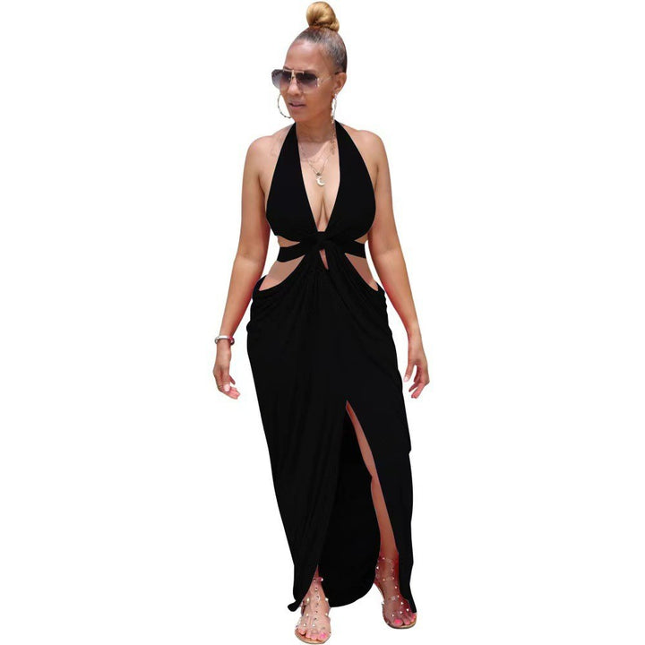 Dame højhalset cut-out maxikjole med elegant V-udskæring og raffineret drapering Stilla