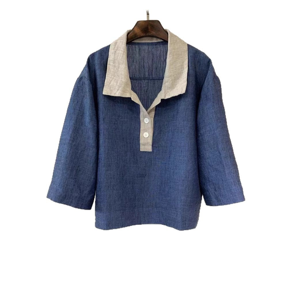 Femme Overstørrelser Linned Button-Up Top og Bredbenet Bukser Sæt Stilla