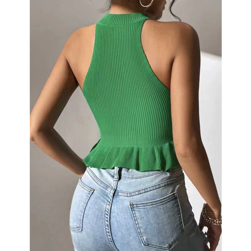 Dame Ribstrik Højkrave Peplum Crop Top Stilla