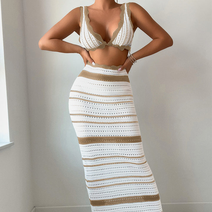 Dame Crop Top og Nederdel Ensemble i trendy Stribemønster Stilla