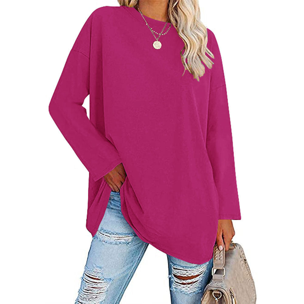 Dame afslappet oversized langærmet t-shirt med dyb rund halsudskæring og sidelange slidser Stilla