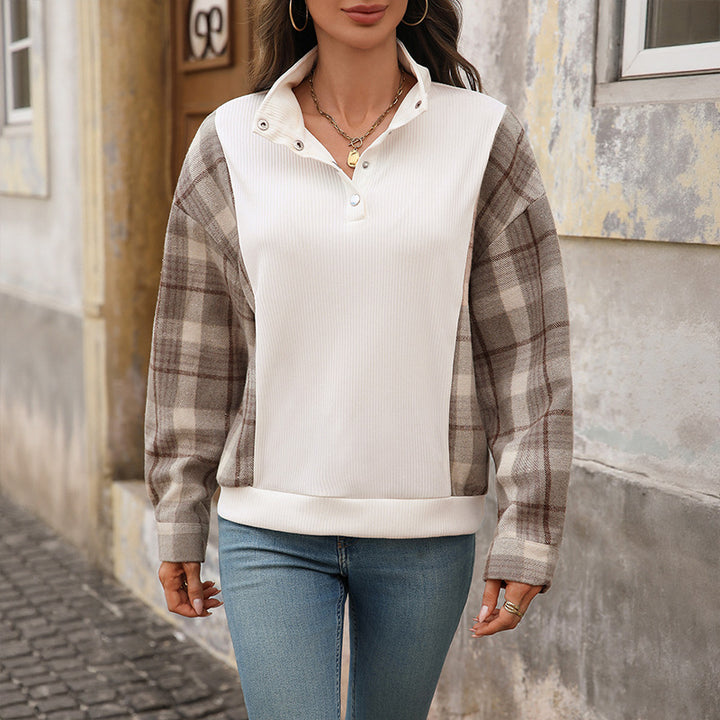 Dames fashion sweatshirt med ternet mønster og knapdetaljer Stilla