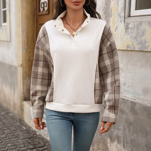 Dames fashion sweatshirt med ternet mønster og knapdetaljer Stilla