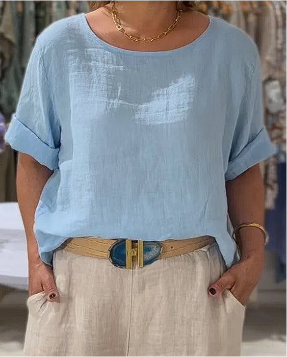 Dame afslappet linenbluse med omslagbare ærmer og elegant rundhalset udskæring Stilla