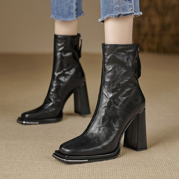 Femme Chunky Heel Læder Ankelstøvler med Lynlås Stilla