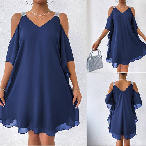 Kvinder Cold-Shoulder Chiffon Kjole med funklende Stropper Stilla
