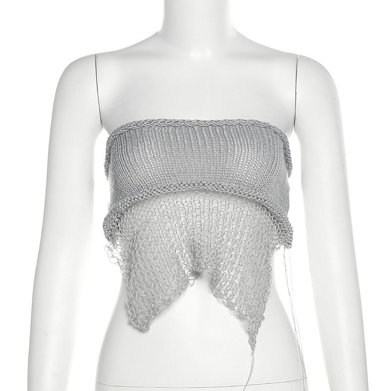 Dame Crop-top i luftigt netstof med bindebånd Stilla