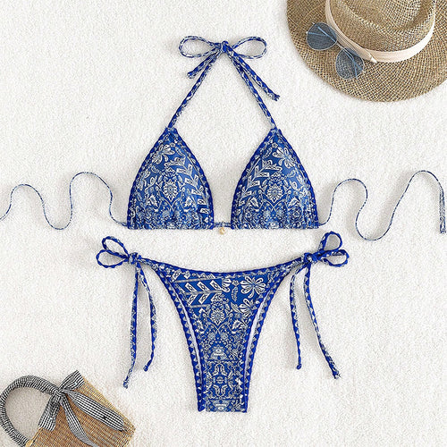 Dame triangel-bikini med justerbare bindebånd og blomsterprint Skovae
