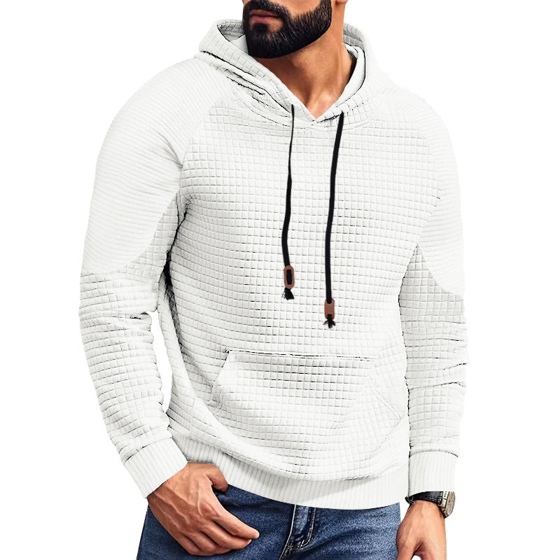 Herren nan kvadratstruktureret hættepullover i quiltet look med kængurulomme, raglanærmer og snor.