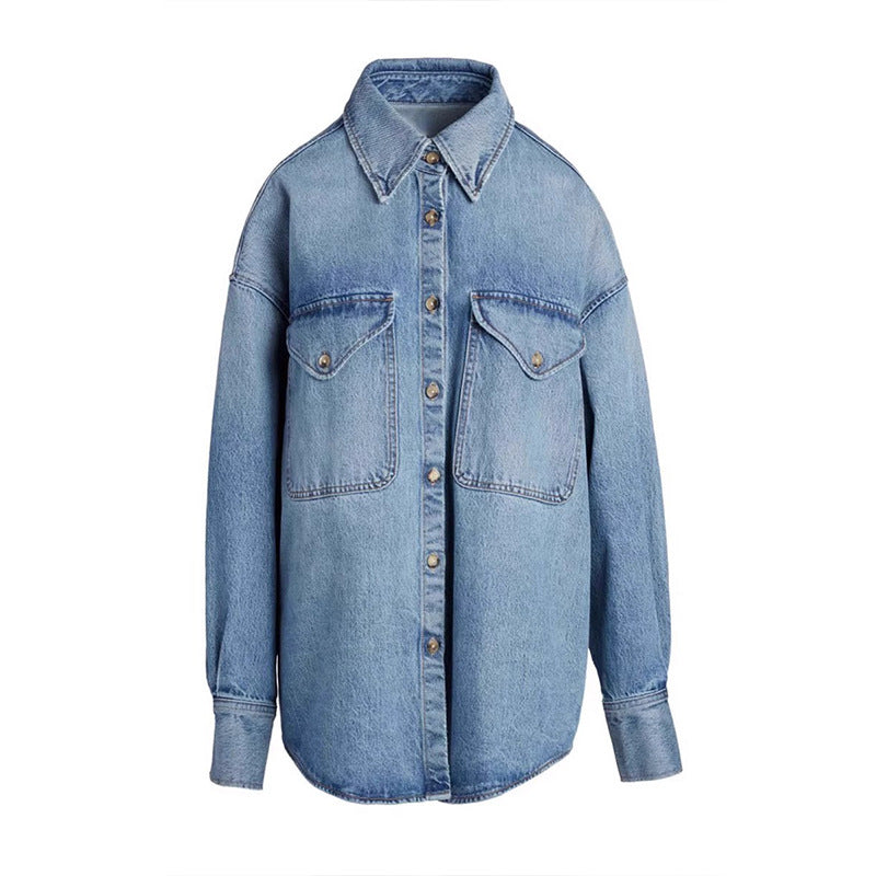 Dame afslappet Denim skjortejakke i oversized klip med praktiske lommer Stilla
