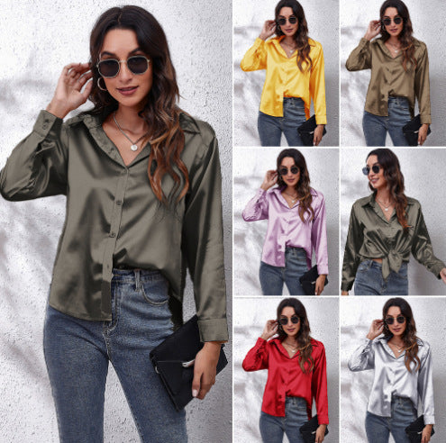 Dame Elegant Satinbluse med moderne snit og knaplukning Stilla