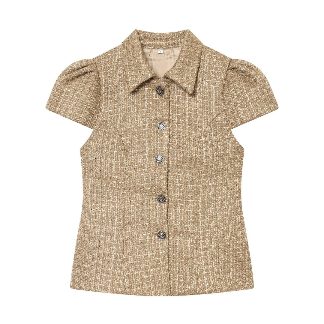 Dame elegant bluse med struktureret stof og dekorative knapper Skovae