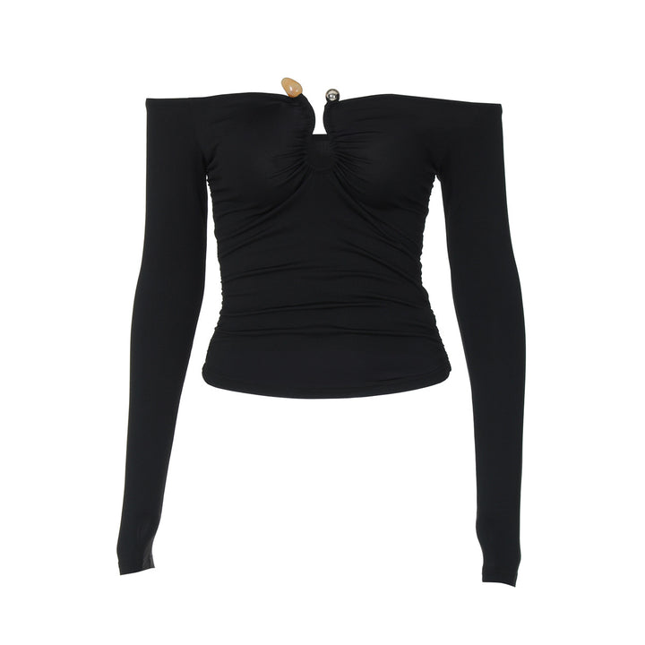 Dame Elegant Off-Shoulder Top med Rynkning og Lange Ærmer Stilla