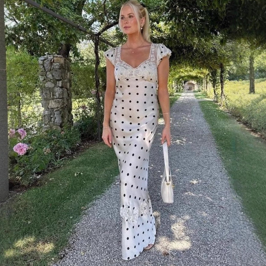 Dame maxikjole med elegant spidsindsatser og polka-dots Stilla