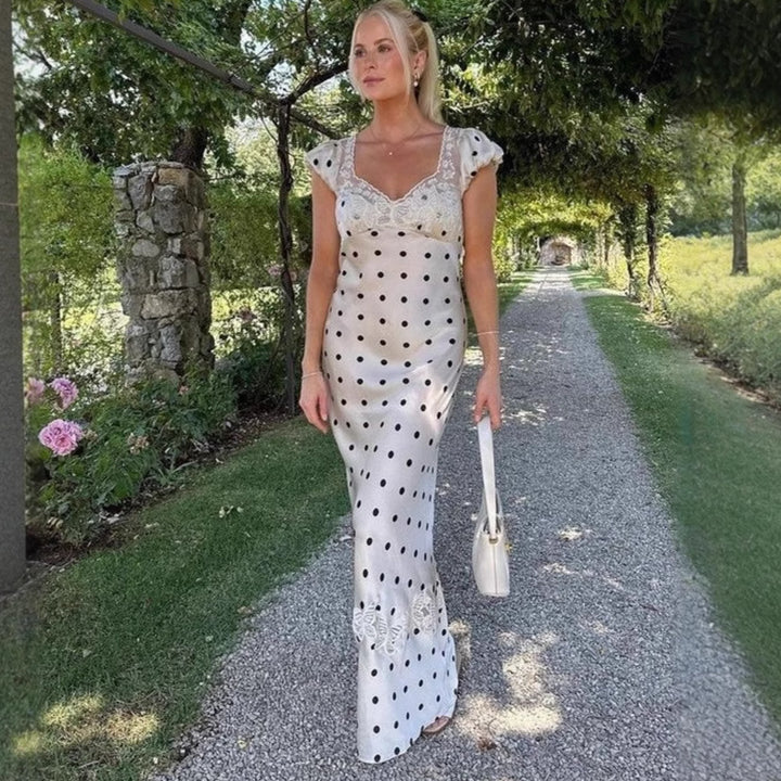 Dame maxikjole med elegant spidsindsatser og polka-dots Stilla
