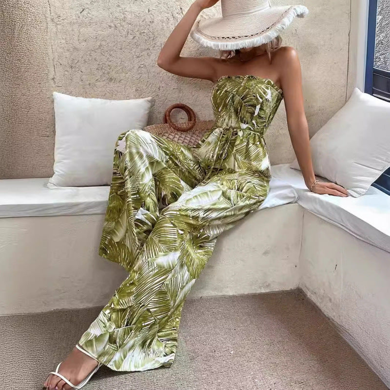 Dame Strapless Tropisk Tryk Jumpsuit Stilla