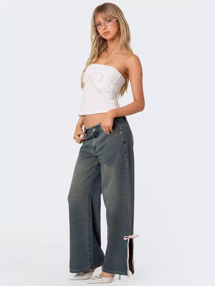 Dame Mode Wide-Leg Jeans med unikt snøre-detalje Stilla