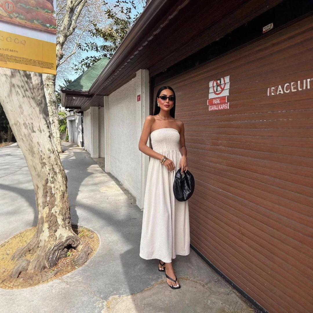 Without straps maxi dress for women with gathered bodice Stilla